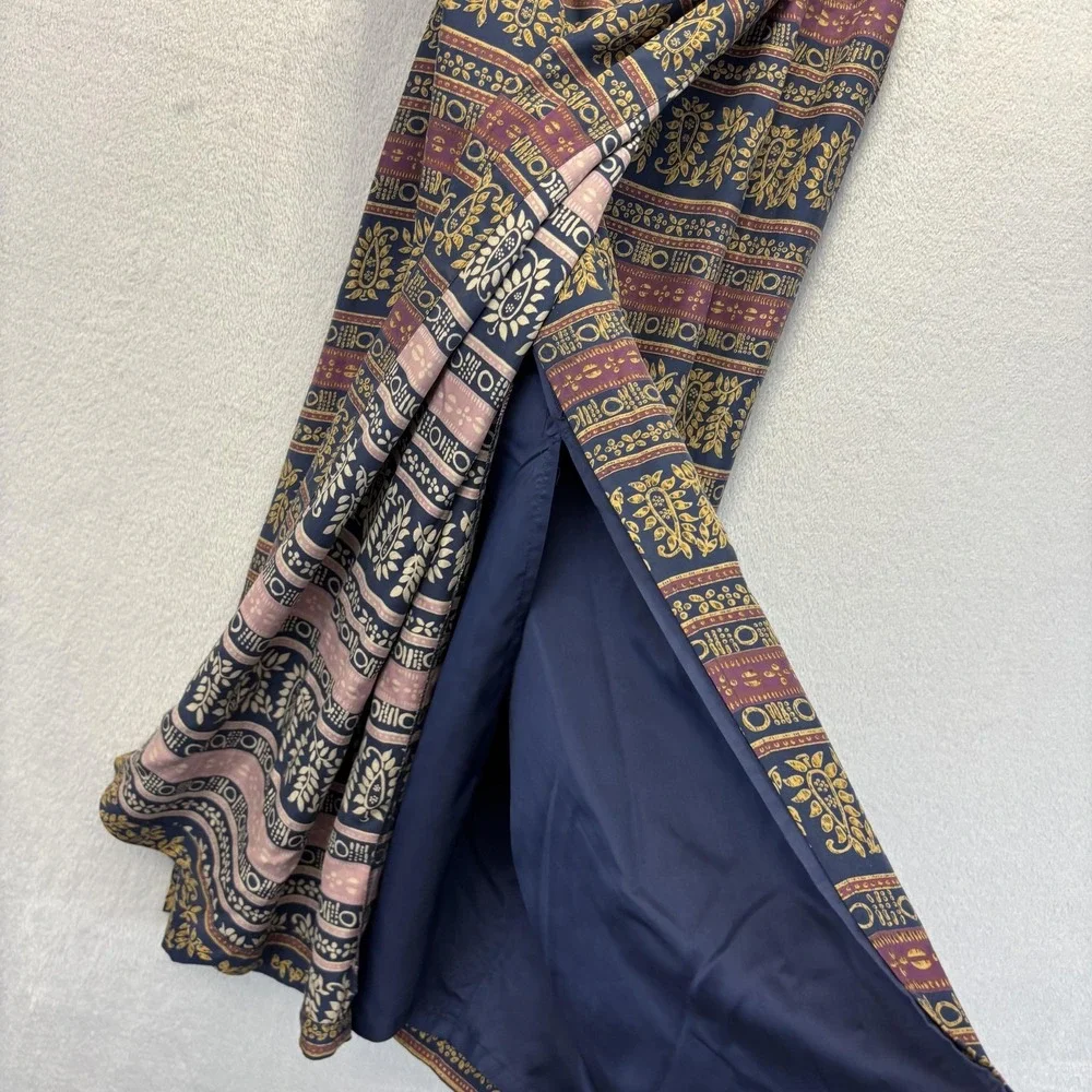 Vintage 100% Silk Faux Wrap Midi Skirt Womens 6 Dark Floral‎ Traditional Boho